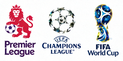 Logo các giải bóng đá lớn như Premier League, Champions League, World Cup