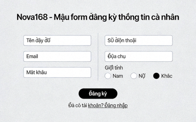 Mẫu form đăng ký điền thông tin cá nhân trên Nova168